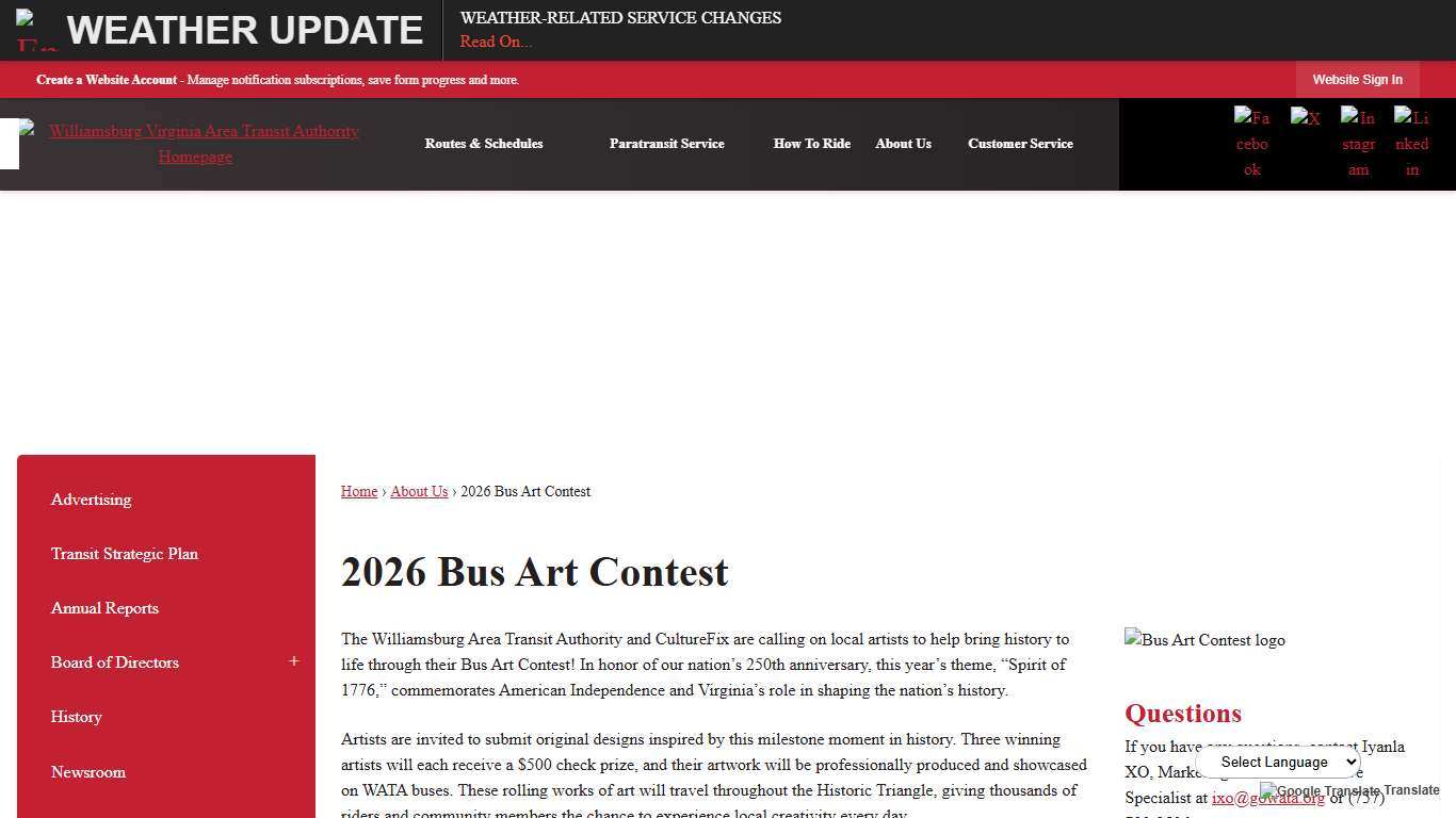 2026 Bus Art Contest Williamsburg Area Transit Authority, VA